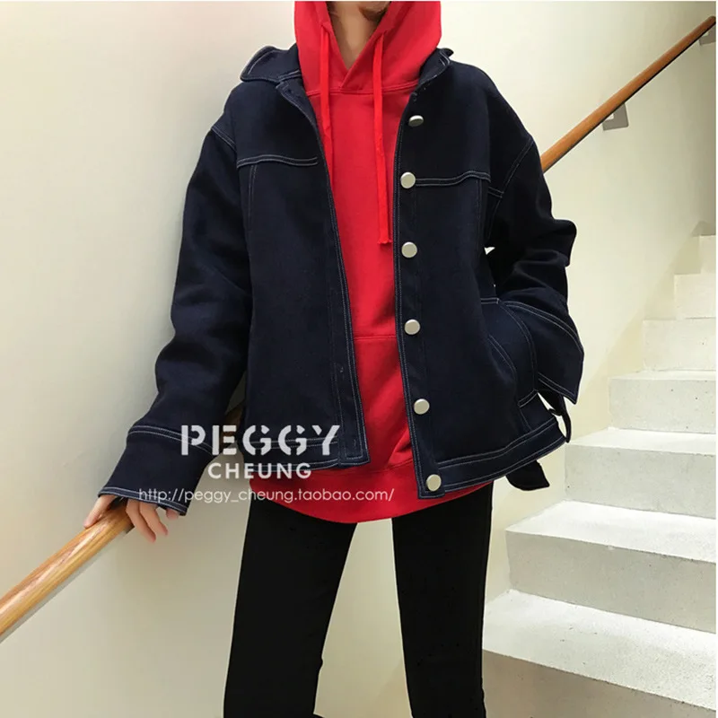 

Autumn And Winter New Style Dark Color Open Wire Single-Breasted Women's Thick Fold-down Collar Denim Jacket Korean-style Loose-