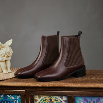 

Women Genuine Leather Knitting Ankle Boots Winter New med Heels Party Night Club Shoes Woman Chelsea Boots