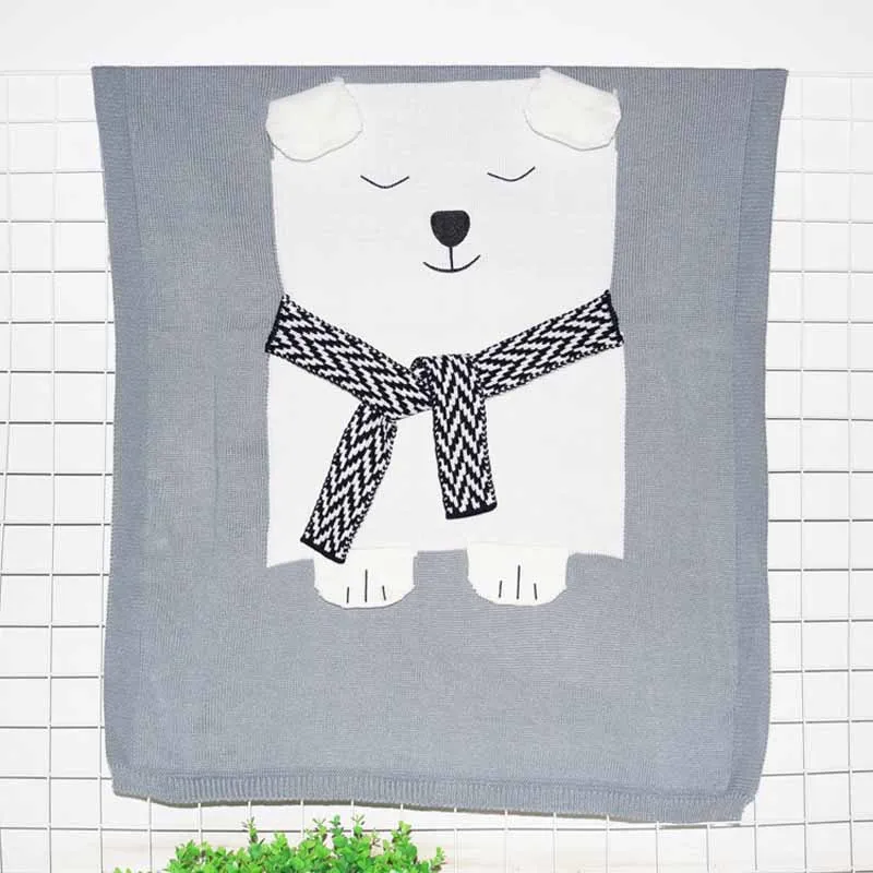 gray bear Вязаное одеяло с рисунком лисы, медведя, серого, голубого и розового цветов, покрывало с акриловой повязкой на голову, шапка для малышей, одеяло для сна - Цвет: gray bear