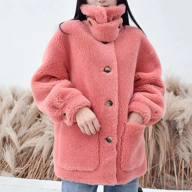Dark pink Пальто из искусственного меха размера плюс, зимнее меховое пальто для женщин, 30% натуральный овечий мех, шерстяные куртки, пальто для женщин, пальто, модная женская одежда - Цвет: Dark pink