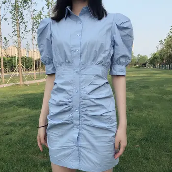 

Fashion Summer Dresses for Women Solid Blue Short Sleeve Pleated Ladies Work Mini Woman's Clorhing Casual Ruffle Dress Casual