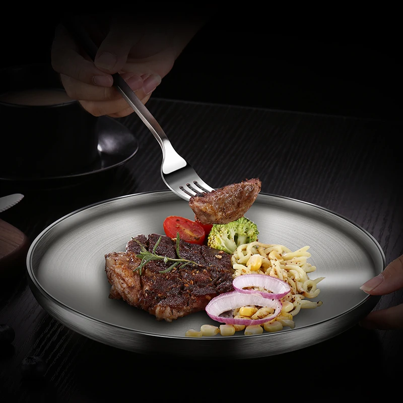 

Dinner Plates 304 Stainless Steel Metal Wire-drawing Multi Layer Heat Insulation Home Western Food Steak Plates
