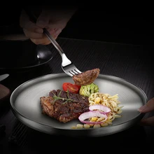 Dinner Plates 304 Stainless Steel Metal Wire-drawing Multi Layer Heat Insulation Home Western Food Steak Plates