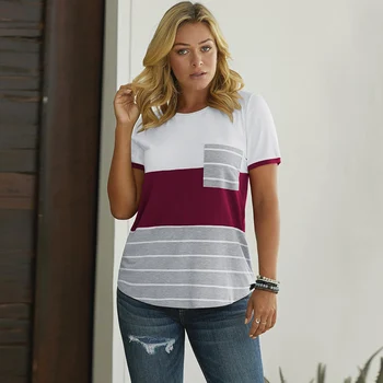 

2020 New European Version Of Women's Round Neck Contrast Color Striped T-Shirt Female Short-Sleeved Pullover Regular Top Women