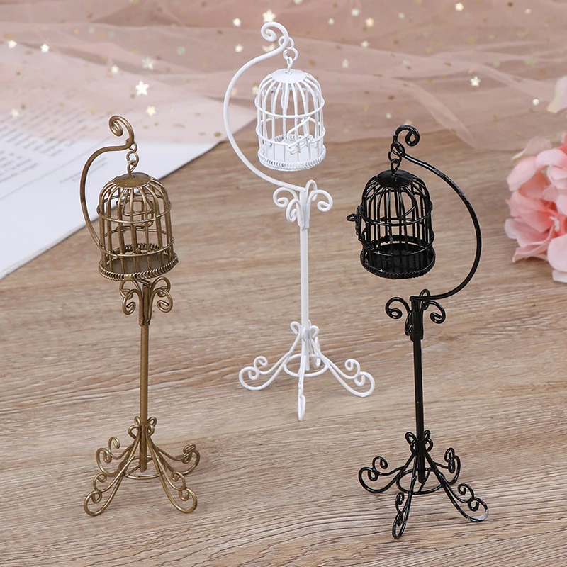 

1:12 Mini Dollhouse Metal Bird Cage Model With Holder Alloy Miniature Decorations Modern Home Room Crafts 3 Colors