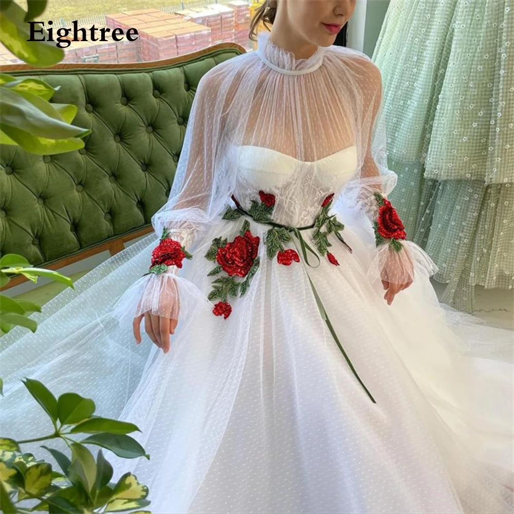 

White Rose Flower Dotted Lace Long Weeding Party Dress Gowns A Line High Neck Long Sleeves Formal Night Gowns Evening Dresses