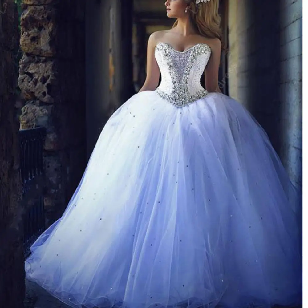 

Dream White Tulle Wedding Dress Plus Size Sweetheart Neckline Crystals Beading Ball Gown Court Train Backless Custom-Made