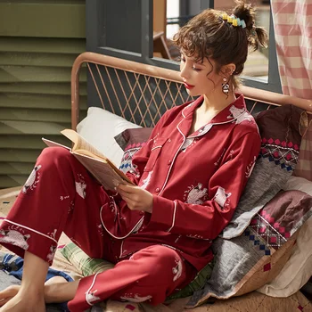 

BZEL Turn-Down Collar Women's Pajamas Set Red Printed Pyjamas Elegant Pijamas Cardigan Sleepwear Casual Nightwear Loose Homewear