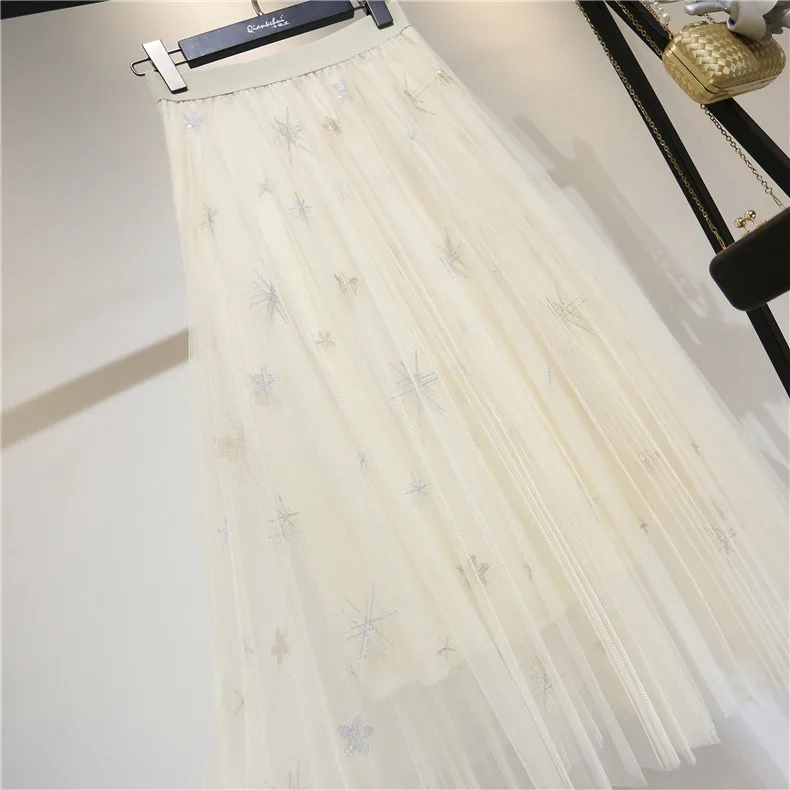 Fashion Tide Spring New Korean Style Mesh Loose Sequined Embroidered Print Mid-Calf Clothing Fashion Women Summer Skirt QG713