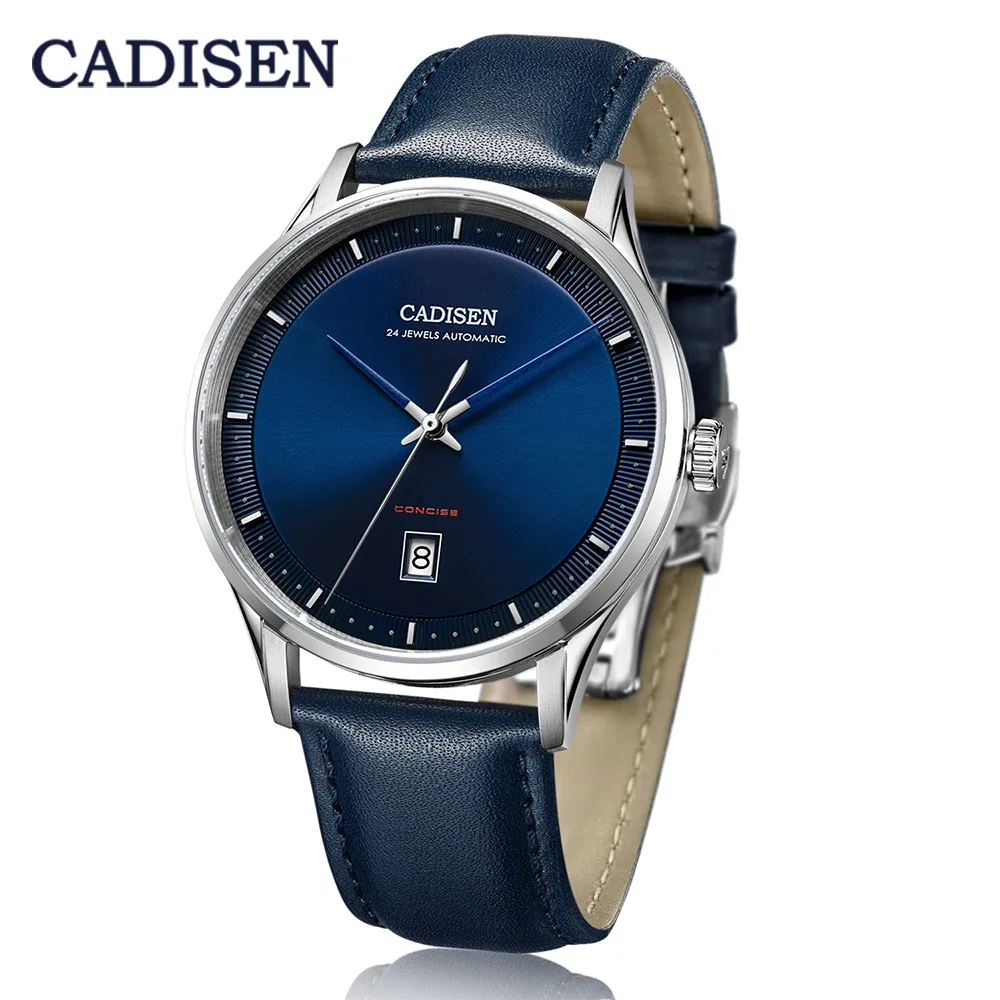 Blue CADISEN Роскошные Топ мужские автоматические часы механические часы, кожа Бизнес Повседневная мода 5 АТМ Водонепроницаемый Календарь мужской - Цвет: Blue