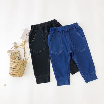 

WLG Autumn boys girls jeans kids denim blue black patchwork pocket jeans baby casual all match trousers 1-5 years