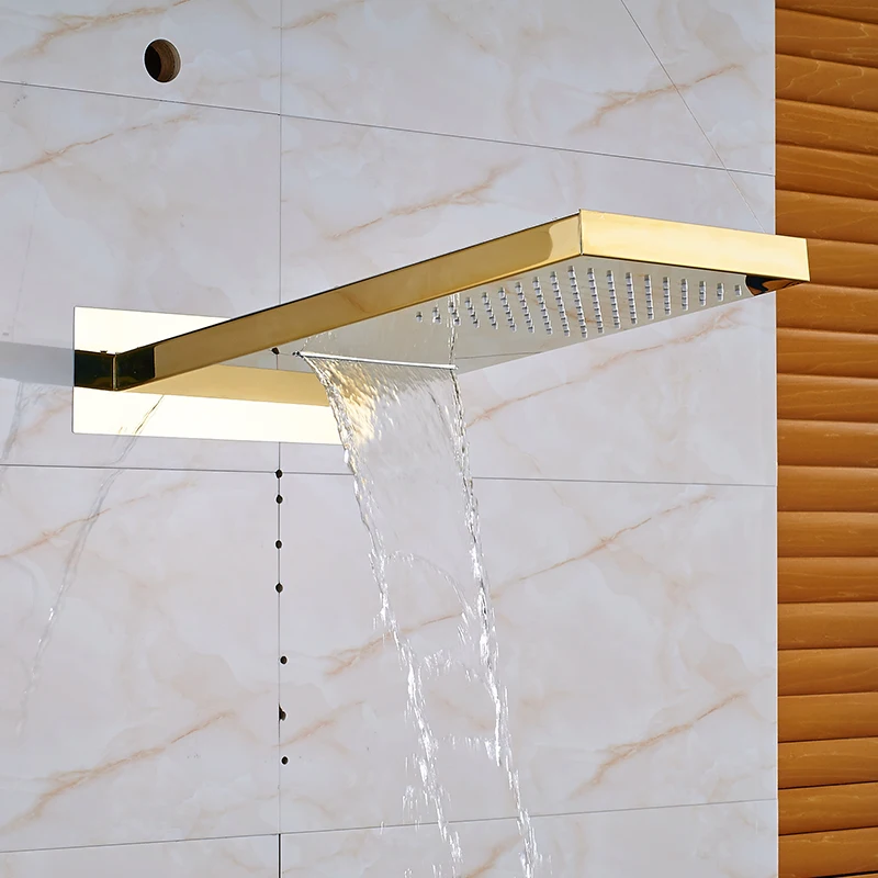 

Vidric Luxury Golden In Wall Mounted Shower Faucets Set Rainfall Waterfall Shower Head 3 Ways Mixer Tap ABS Handshower Bath Show