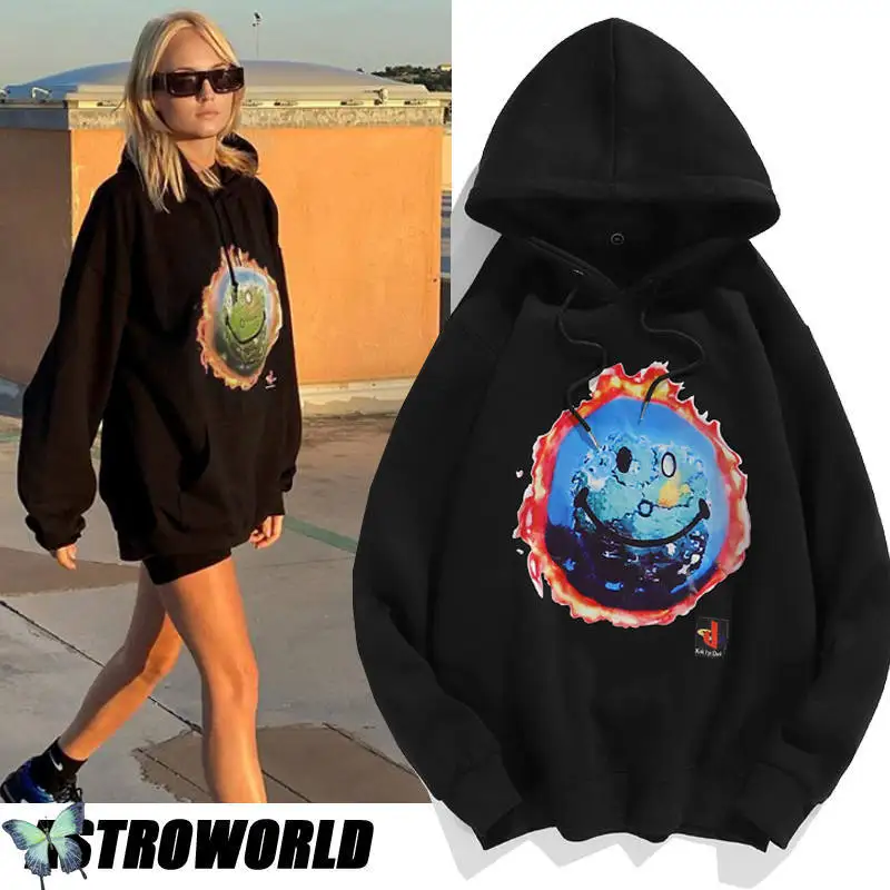 

Travis Scott Hoodies Sweatshirt Fire Smiley Planet HD Direct Printing Male Female Hoody