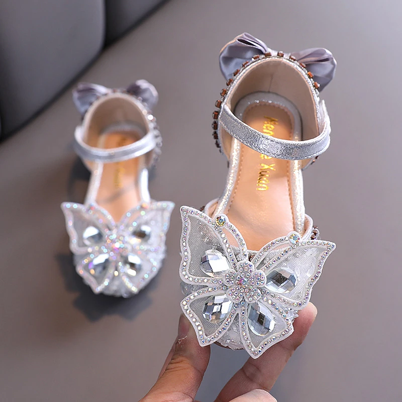 Sandalias de cristal para niñas, zapatos princesa para fiesta, baile, ostentoso, diamantes de imitación, mariposa, color plateado y rosa|Zapatos de AliExpress