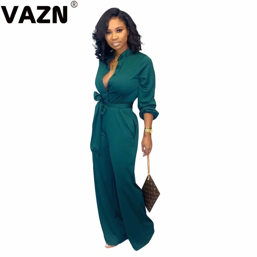 VAZN продукт летний сексуальный женский зеленый комбинезон с длинным рукавом и v-образным вырезом на пуговицах Женский комбинезон уличная одежда