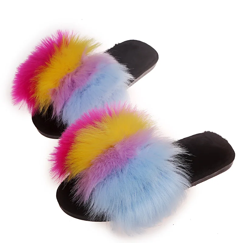 Women Colorful Fur Slippers Fluffy Imitation Fur Slippers Girl Outdoor ...