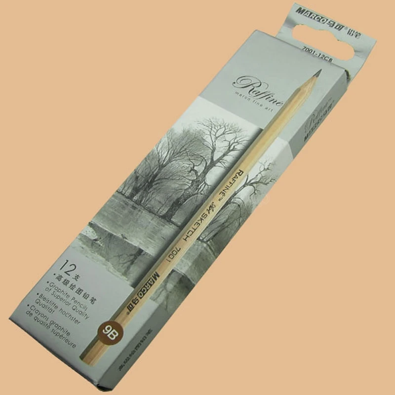 12 Pcs Marco Drawing Sketching Pencil Natrue Wood Model 13 Hardness 9B,8B,7B,6B,5B,4B,3B,2B,B,HB,F,H,2H,3H Fit School