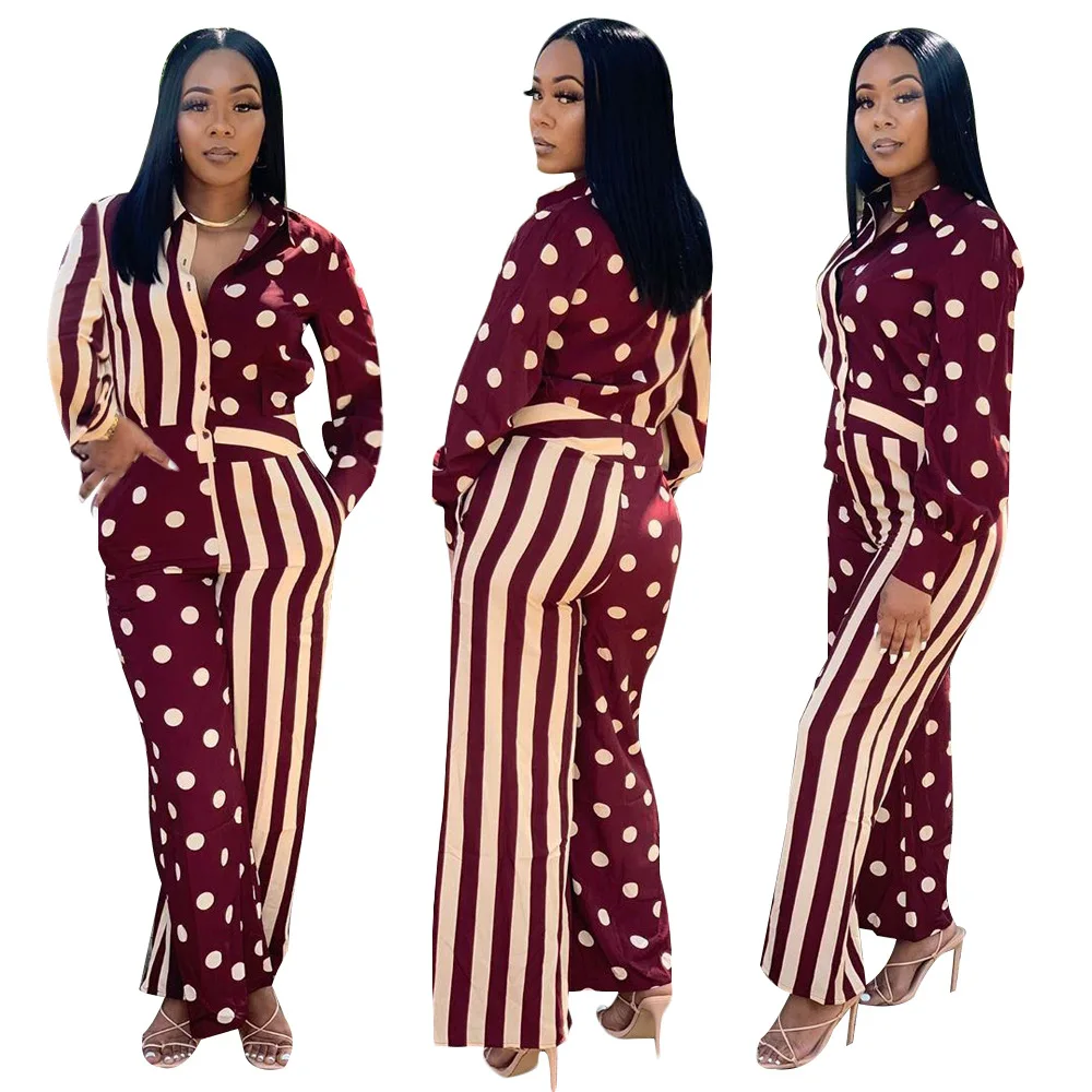 African Jumpsuit Casual Loose Straight Trousers African Dress Red Polka Dot Stripes Ladies Slim Shirt Summer Women