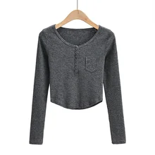 

Spring autumn new street fashion solid color wild big round neck button pullover tight-fitting slim long-sleeved T-shirt women