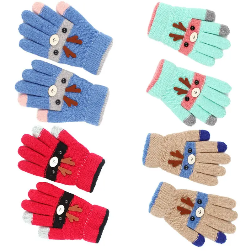 

1Pair Kids Christmas Knit Cotton Gloves Cartoon Pattern Warm Elastic Xmas Gloves 3-8Years