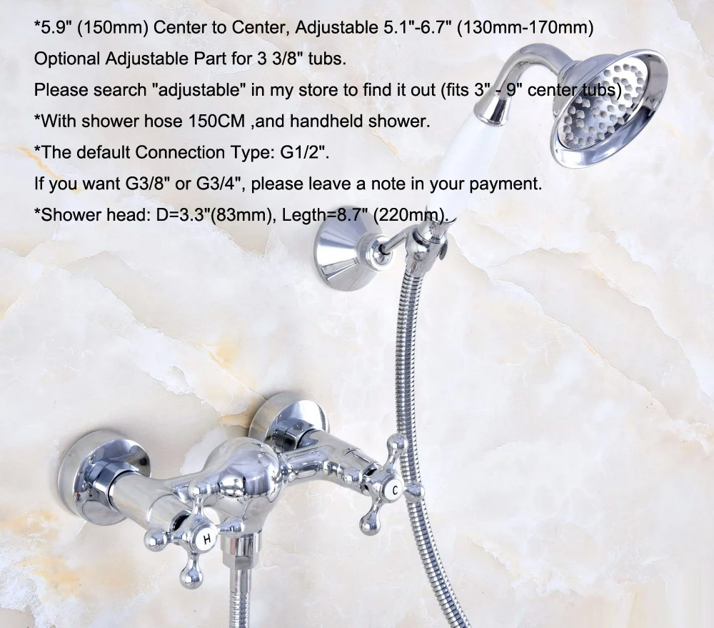 Полированный хромированный латунный настенный кран для ванной комнаты ручной душ Набор смесителя Двойные крестообразные ручки mna770