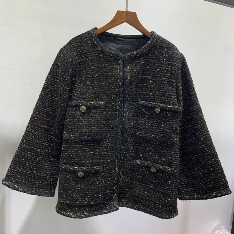 

Red RoosaRosee New Autumn Winter Golden Thread Soft Tweed Jacket Overcoat For Ladies Women High Street Loose Outwear Black Coat
