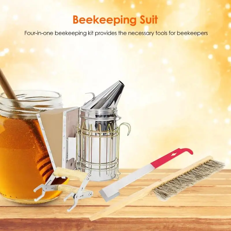 

4pcs Stainless Steel Beekeeping Kit Tools Practical Honey Fork Scraper Bees Smoker Sprayer Necessary Outdoor Beekeeping Gadgets