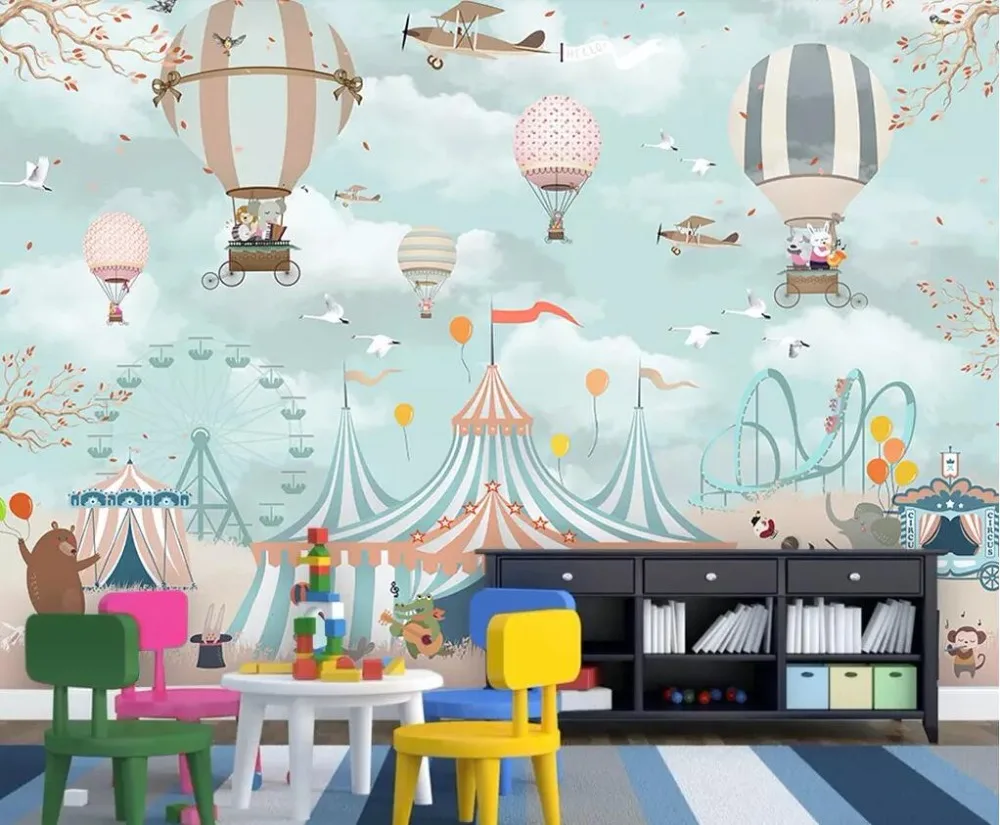 Diantu Mural wallpaper cartoon hot air balloon circus background children room boy girl bedroom background mural 3d wallpaper