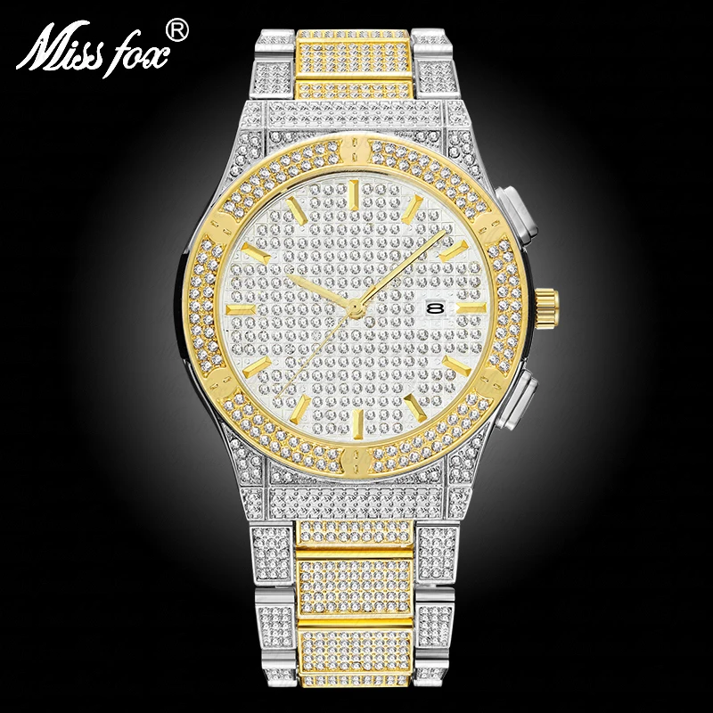 

Missfox Men's Watch Silver&Gold Watch Men Luxury Top Brand Calendar Full Diamond Clock Waterproof Resistant Iced Out Man Watch