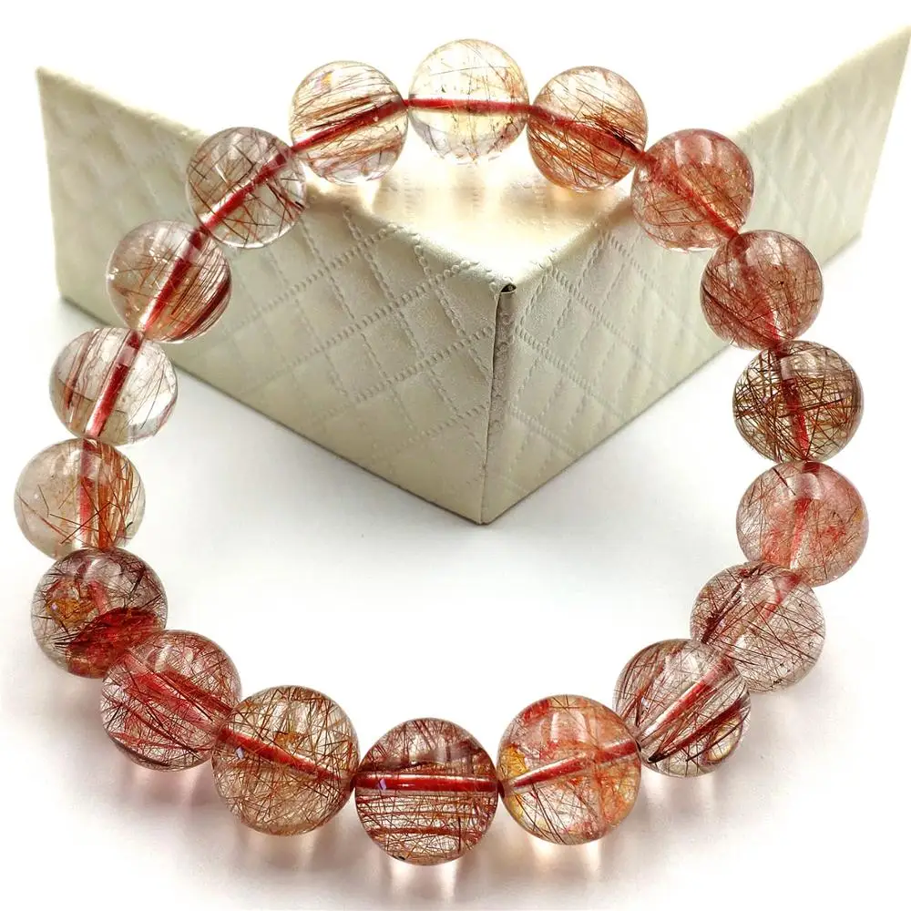 

Newly Natural Copper Rutilated Quartz Crystal Stretch Clear Round Beads Bracelet 12mm Wealthy Stone Jewelry From Brazil AAAAA