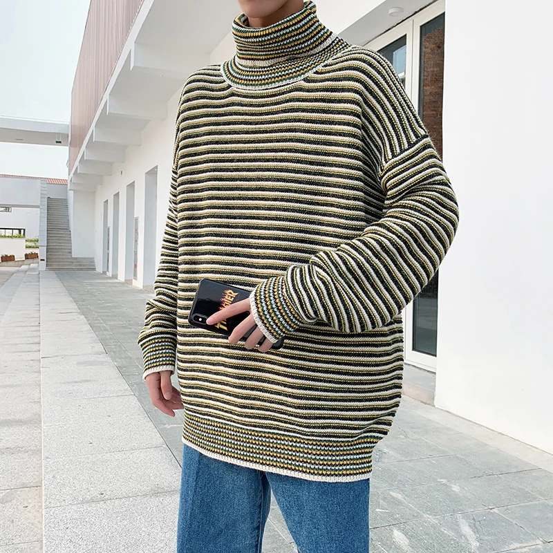 

2019 Men's Fashion Strips Printing Cashmere Sweater Leisure Woollen Knitting Loose Turtleneck High-quality In Warm Coat M-XL
