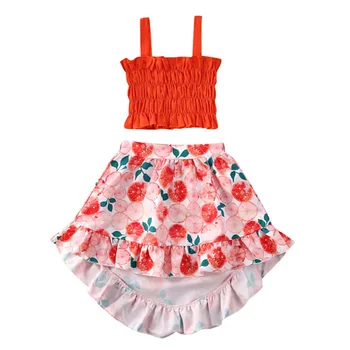 

1-4Y 2020 Baby Summer Clothing Sweet Kids Baby Girls Elastic Crop Tops Strap Vest Boho Floral Orange Skirt 2Pcs Outfits