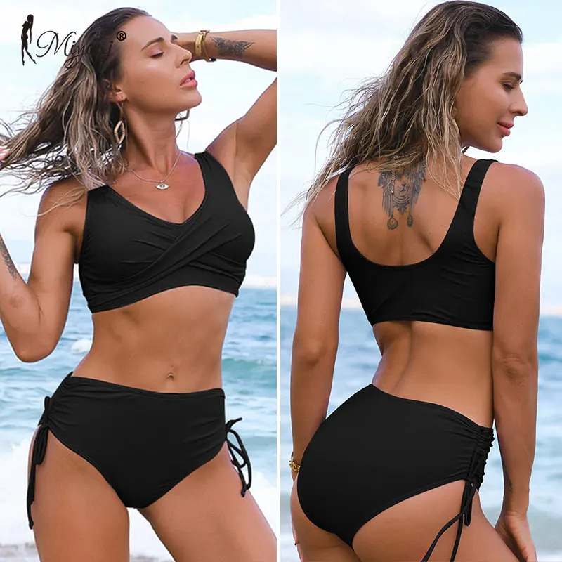 Miyouj-Bikinis de cintura alta para mujer, traje de baño negro con pliegues, de talla grande Tankini, bañador Sexy de realce, ropa de playa de 2 piezas, 2021