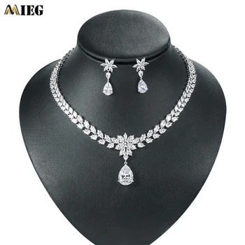 

MIEG Sparkling Marquise Leaf Crystal Waterdrop Cubic Zirconia Necklace and Earrings For Bridal Wedding Party Luxury Jewelry Set