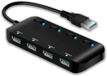 

4 Port Powered USB 3.0 Hub Splitter, Ultra Slim USB Data Hub with Individual Power Switches and LEDs, for MacBook Air, Laptop