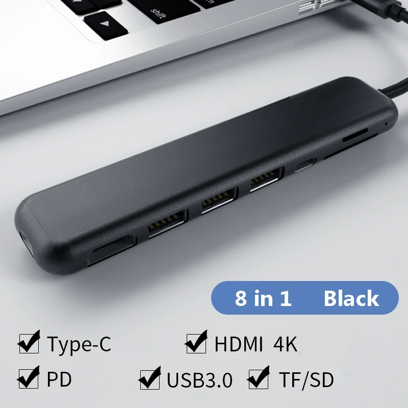 Тип-c usb Thunderbolt 3 концентратор док HDMI SD TF карта портовый концентратор для Macbookpro huawei Sumsung Xiaomi планшет OTG адаптер - Цвет: 8 in 1 black