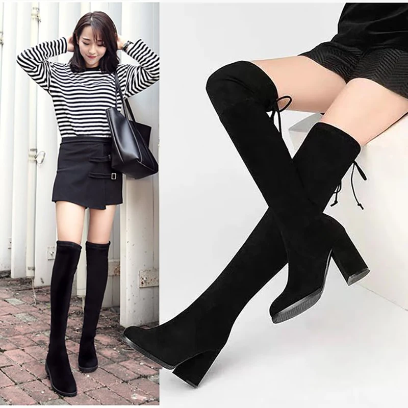 

Black Over the Knee Boots Sexy High Heels 7cm Autumn Short Plush Woman Shoes Elastic Fabric Suede Boots Ladies Zapatos De Mujer