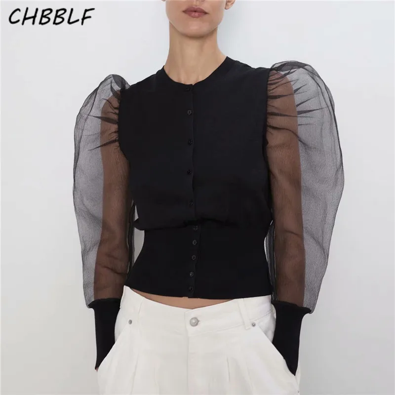 Женский вязаный кардиган CHBBLF Повседневный свитер из прозрачной пряжи с пышными