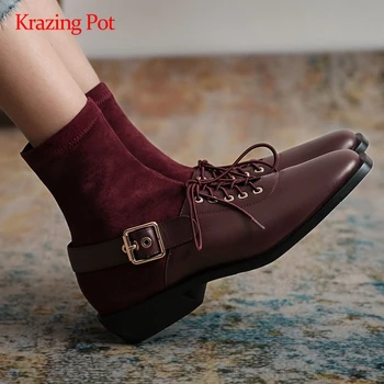 

Krazing pot stretch boots natural leather cross-tied buckle decorations square toe thick med heel slip on mature ankle boots L61