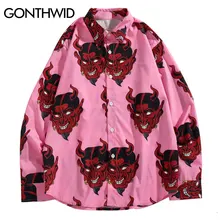 GONTHWID Devil/рубашки с длинными рукавами и принтом в стиле Харадзюку, Повседневная рубашка на пуговицах, уличная мода, повседневные рубашки, футболки, топики