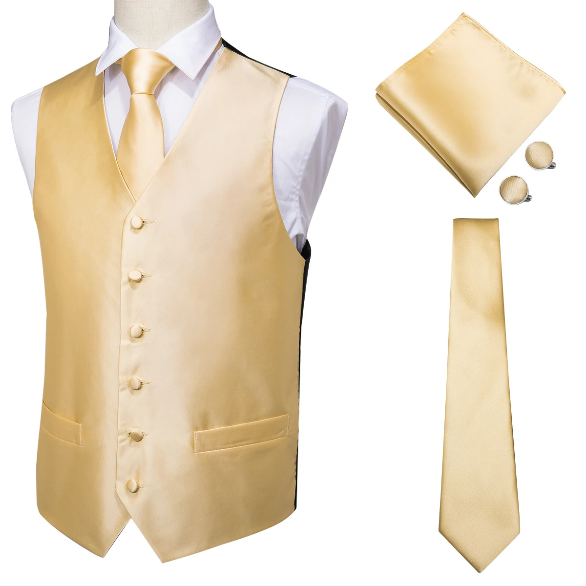 Hi-Tie Men's Vest Set Silk Solid Waistcoat Vests For Men High Quality Tie Pocket Square Cufflinks Set Black Blue Red Gold Vests Hi-Tie Men's Vest Set Silk Solid Waistcoat Vests For Men High Quality Tie Pocket Square Cufflinks Set Black Blue Red Gold Vests