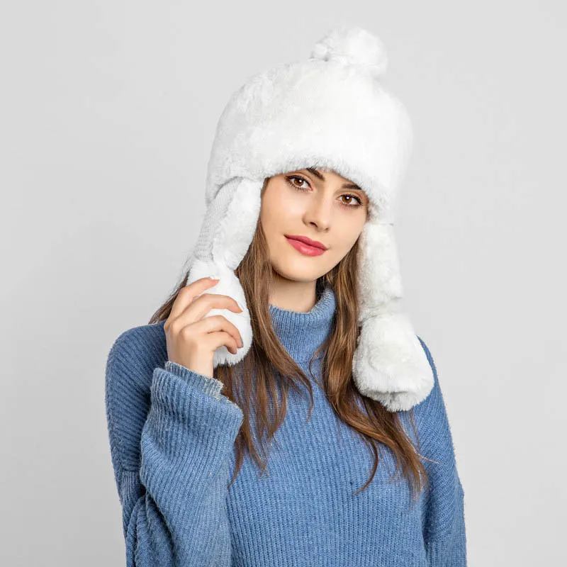 Fibonacci New Women's Bomber Hat Knit Plush Faux Fur Hats Winter Windproof Warm Ear Protect Bomber Russian Ushanka Cap