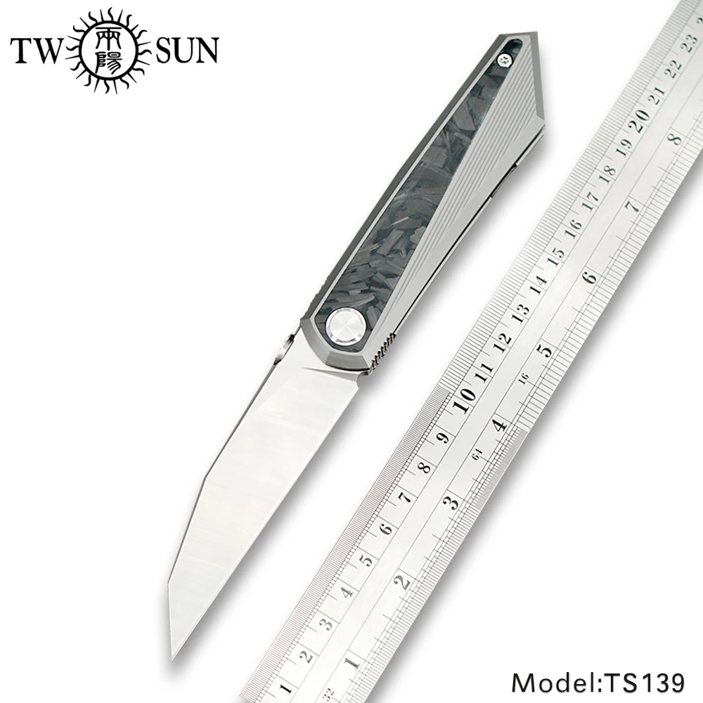 Online TWOSUN S90V cuchilla plegable cuchillo de bolsillo cuchillo táctico herramienta de camping al aire libre EDC fibra de carbono titanio Apertura frontal TS139