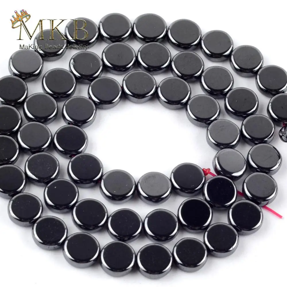 Smooth Natural Black Hematite Stone Flat Round Spacer Loose Beads For