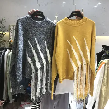 

Women's sweater 2020 new fashion round neck hit color irregular fringed loose knitted sweater women
