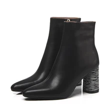 Г., новые стильные зимние ботильоны из натуральной кожи ботинки «Челси» с острым носком на толстом каблуке женские кожаные ботинки до середины икры женская обувь