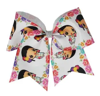 

16pcs 7" Cheer Bows Beijing opera beautiful girl print ribbon Elastic Hair Bands Ponytail Hair Bows For Girls Hair Accessories