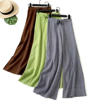 

Winter High Waist Knit Pants Women Casual Loose High Waist Solid Color Straight Knitting Pants Wide Leg Loose Trousers New