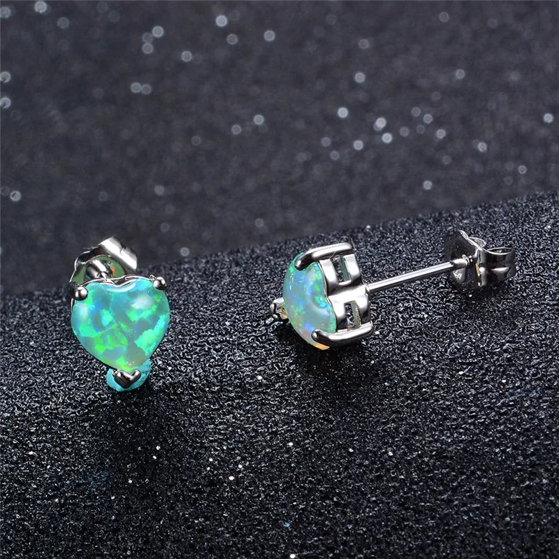 Vintage Silver Color Heart Wedding Earrings Cute Female White Blue Green Opal Stud Earrings Boho Small Double Earrings For Women