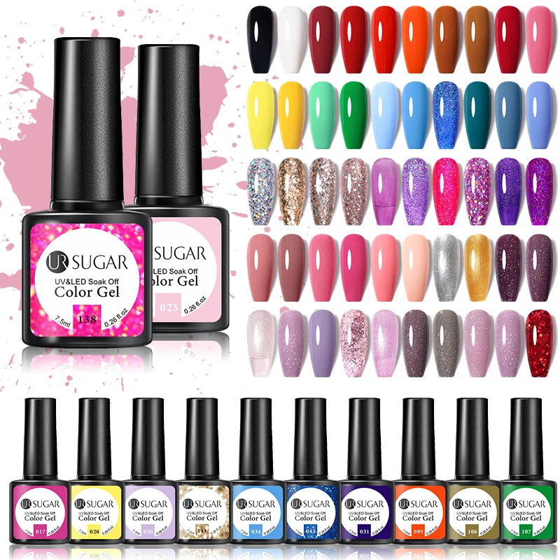 UR SUGAR 7.5ml Pink Glitter Aurora Gel Nail Polish Spring Color Manicure Semi Permanent Soak Off UV LED Nail Art Gel Varnish